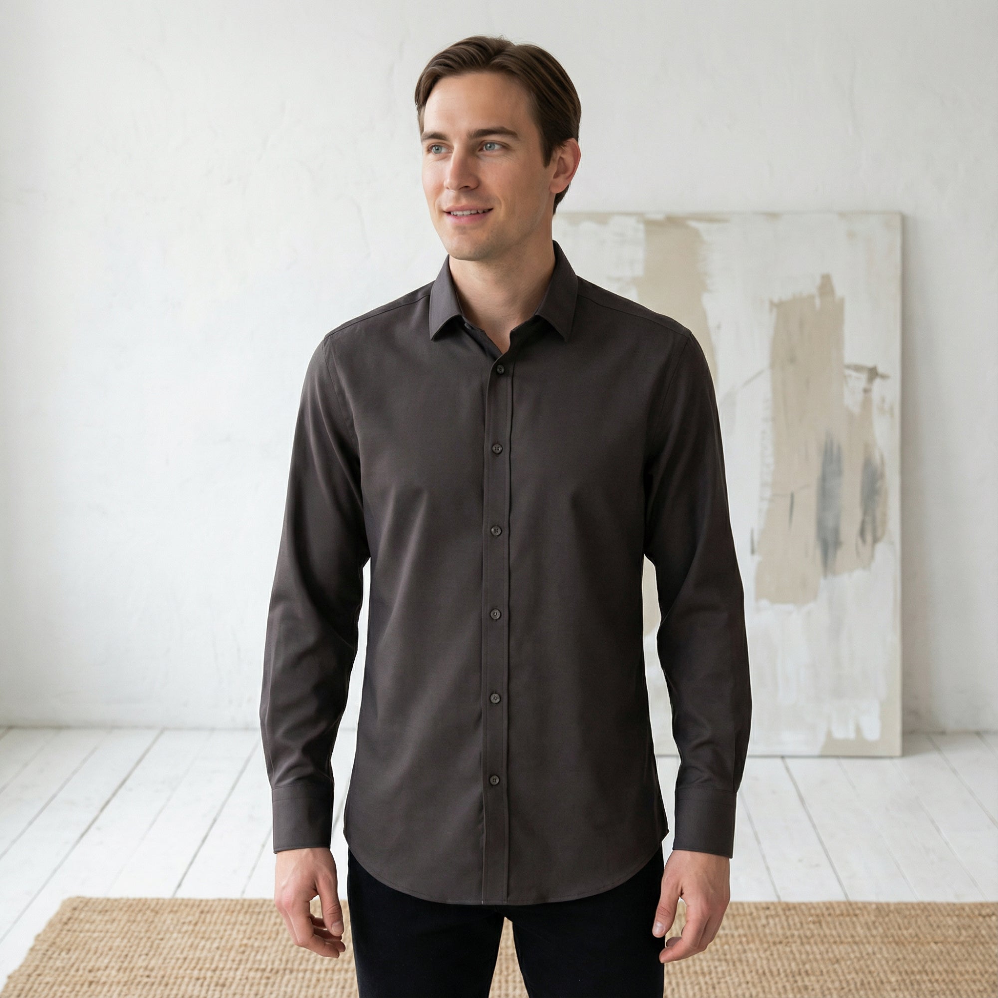 Slim fit Uzun Kollu Pamuklu Gizli düğme Yakalı Oxford Kahverengi Gömlek