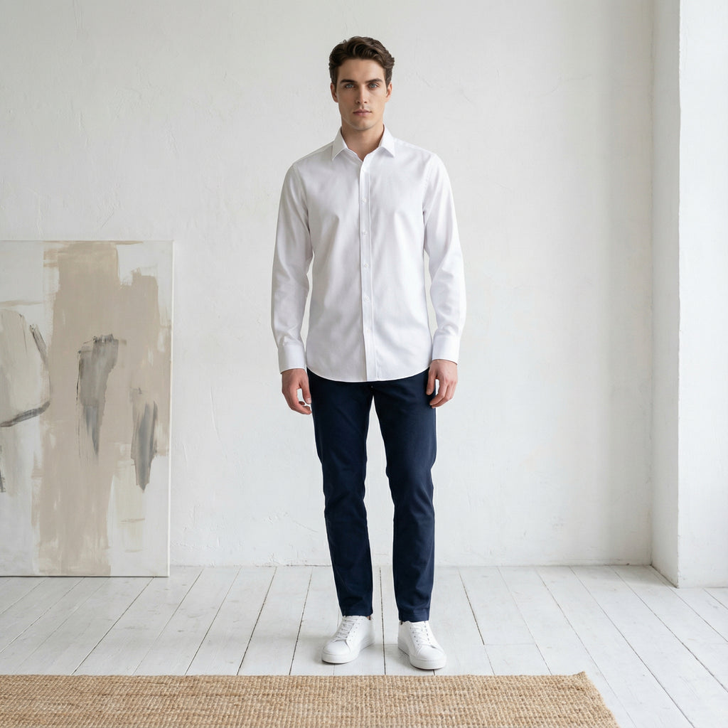 Slim fit Uzun Kollu Pamuklu Gizli düğme Yakalı Oxford Beyaz Gömlek