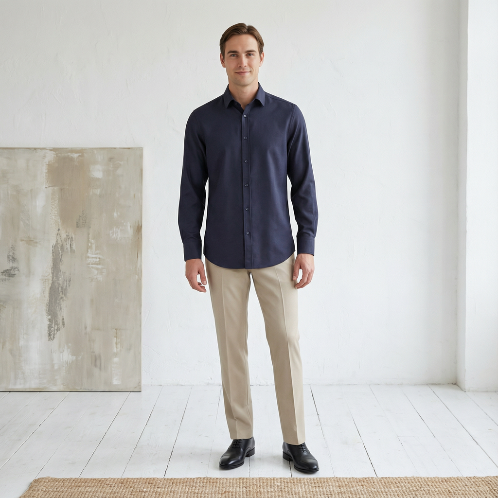 Slim fit Uzun Kollu Pamuklu Gizli düğme Yakalı Oxford Lacivert Gömlek