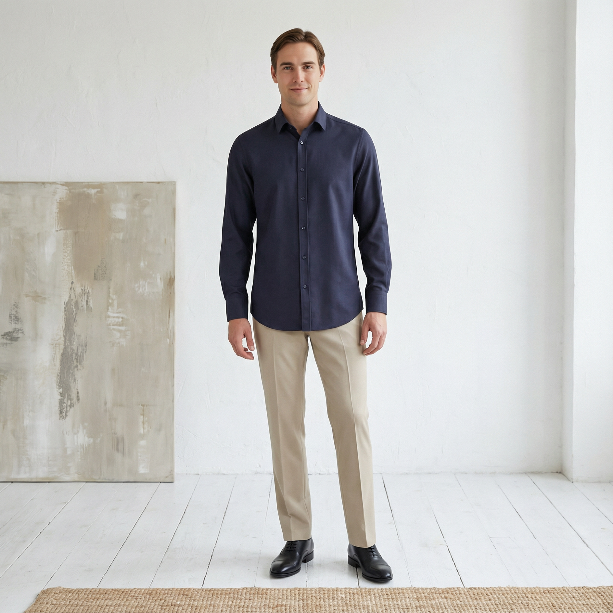 Slim fit Uzun Kollu Pamuklu Gizli düğme Yakalı Oxford Lacivert Gömlek