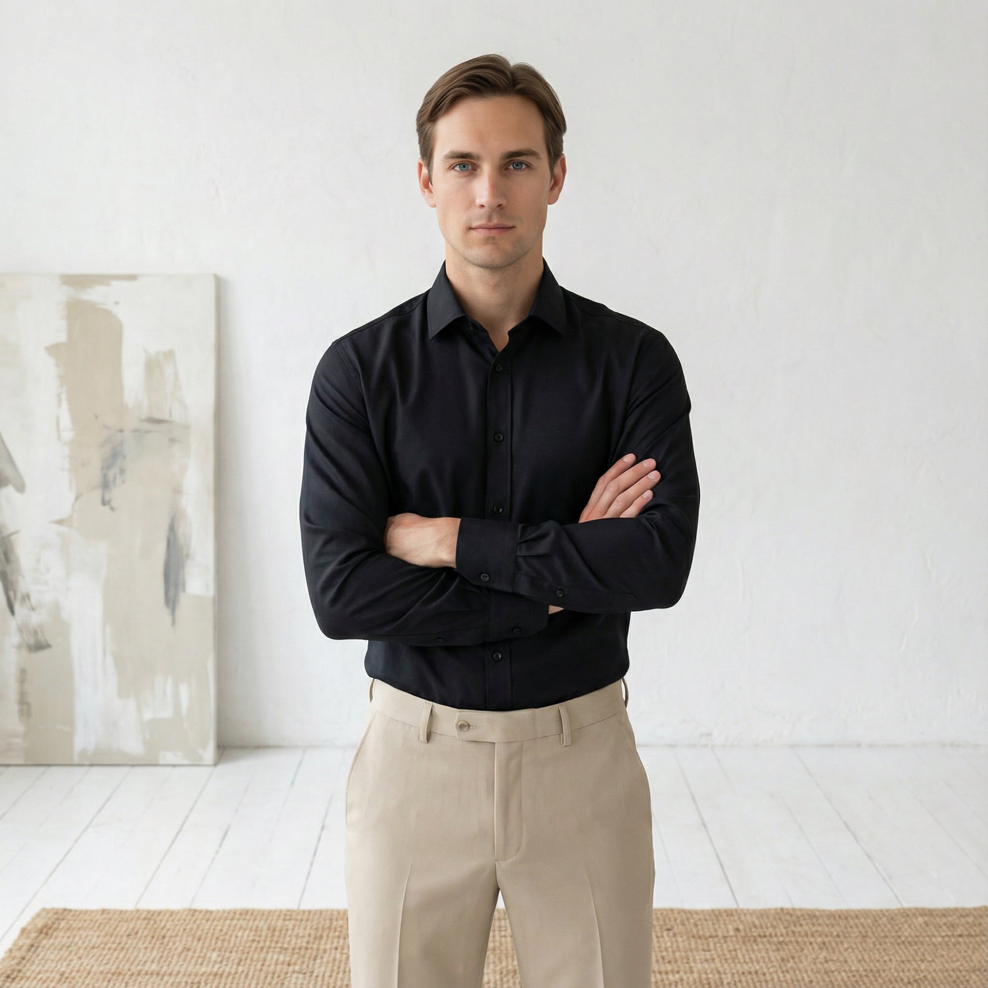 Slim fit Uzun Kollu Pamuklu Gizli düğme Yakalı Oxford Siyah Gömlek