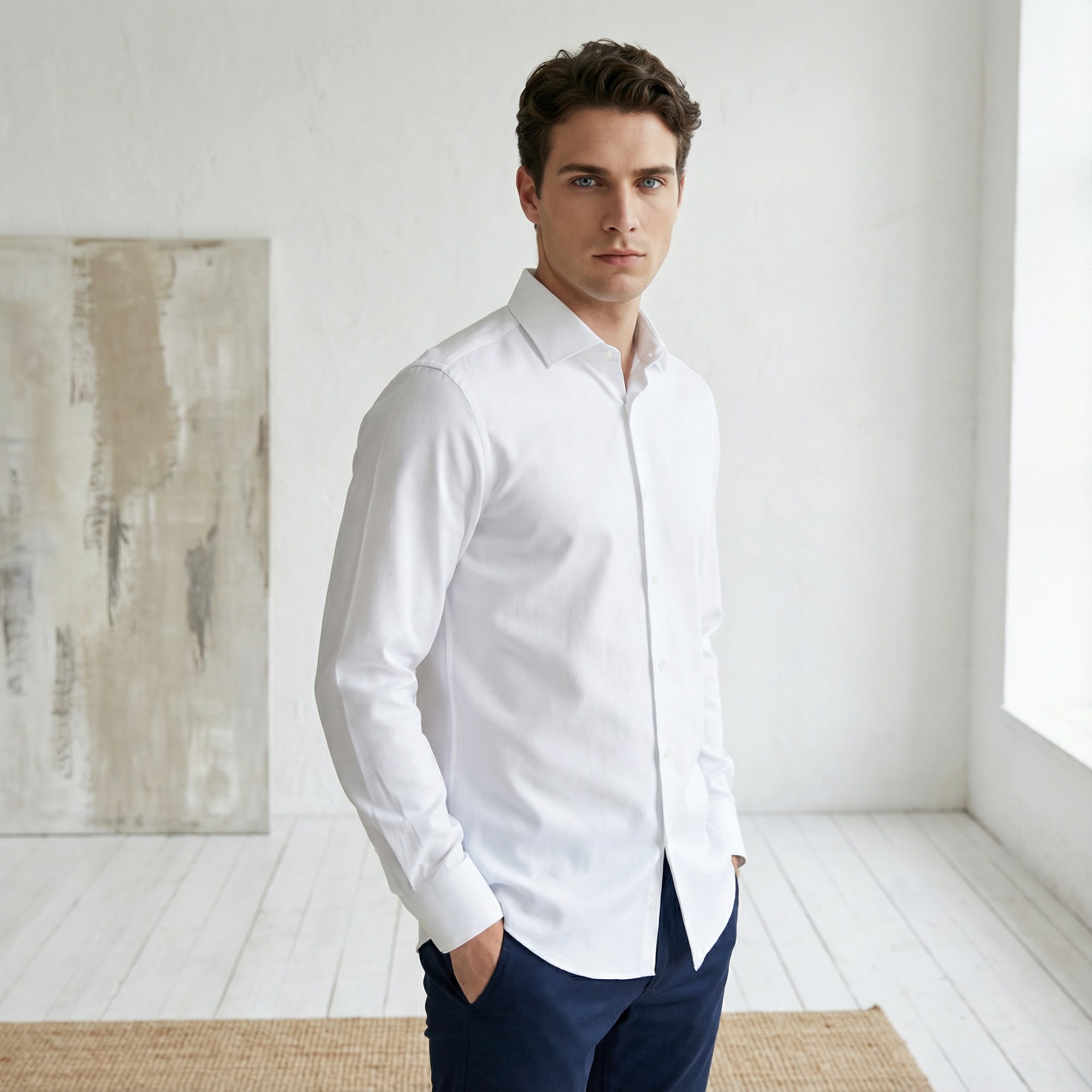 Slim fit Uzun Kollu Pamuklu Gizli düğme Yakalı Oxford Beyaz Gömlek