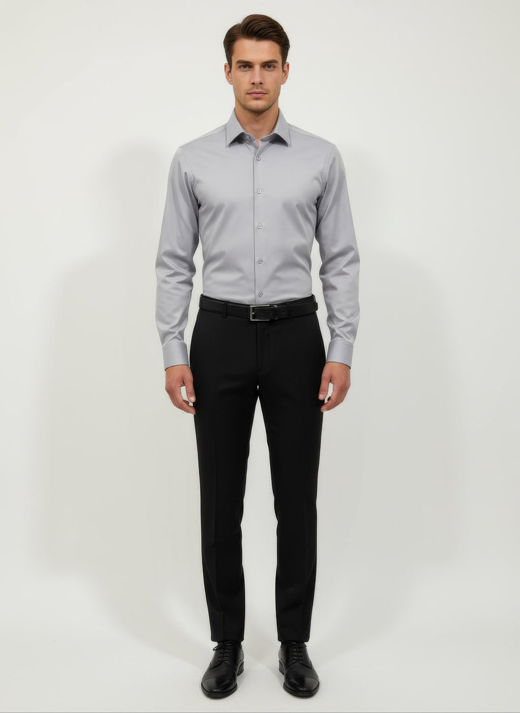 Erkek Saten Slim fit Yaka altı düğmeli Gri Gömlek